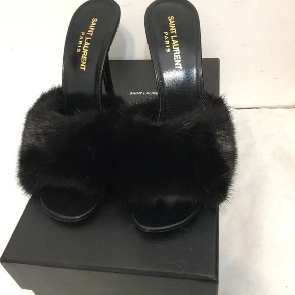 Saint Laurent Paris Roy Mink & Leather Mules Heels Size 38. Made in Italy - Picture 14 of 15